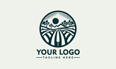 Circular logo depicting a stylized rural landscape with sun, mountains, trees, and farmland, ideal for agricultural businesses.