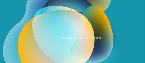 Abstract fluid shapes overlap, creating vibrant color gradients. Blue, yellow hues dominate design, offering modern aesthetic.