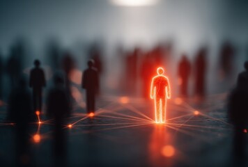 Glowing figure stands out in a crowd, connected by luminous lines on a misty surface