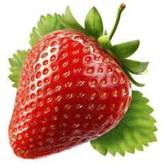 Ripe red strawberry with green leaves, isolated on white. Juicy and appetizing, close up studio shot