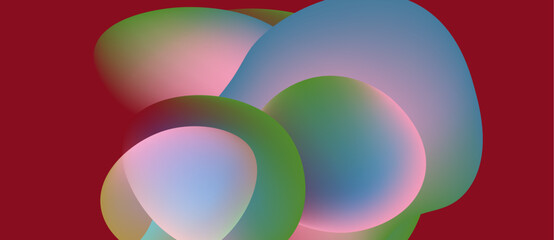Abstract colorful shapes overlap. Soft gradients create fluid forms against red background. Modern design, vibrant hues, simple composition.