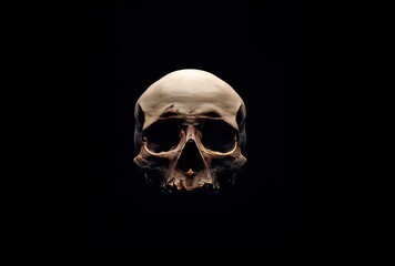 Skull stark illumination, dark background. Macabre view of death, pale bone color and stark shadows