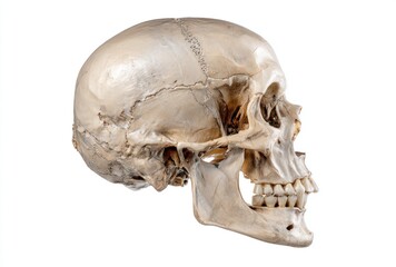Human skull on a white background, viewed from the side, showing detailed bone structure and teeth