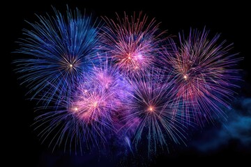 Naklejka premium Vibrant fireworks burst in blues, pinks, and purples against a black night sky