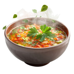 A bowl of steaming vegetable soup garnished with fresh parsley and dill on a black background