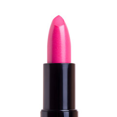 Close-up of vibrant pink lipstick against a striking black background scene