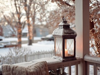 Winter Scene: Snow-Covered Lantern with Lit Candle on Porch