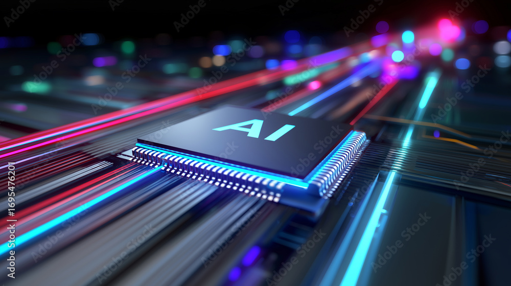 Aufkleber close-up of an ai microchip glowing on a circuit board, symbolizing artificial intelligence and adva