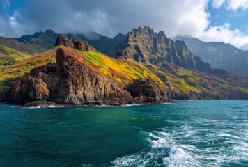 Rugged coastline with mountains, colorful autumn vegetation on steep cliffs, turquoise water, & sky with dramatic clouds in a scenic landscape