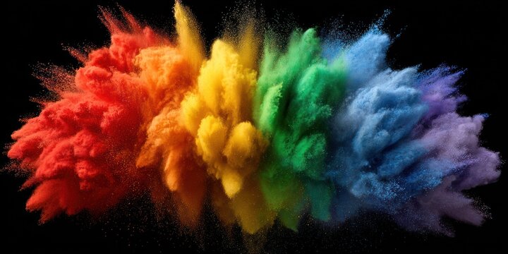 Colorful bursts of fine powder explode, creating a vibrant rainbow spectrum against a dark background, suggesting energy and movement