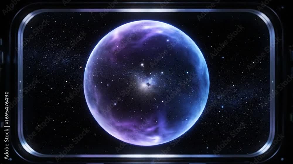 Poster view of a blue and purple nebula from a spaceship window in deep space