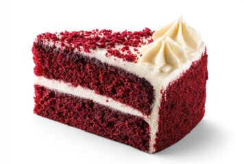A slice of red velvet cake with creamy frosting and red crumbs, isolated against a white background