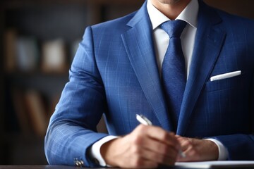 Close-up of a man in a blue suit, writing