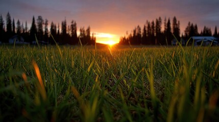 Grass foreground, trees silhouetted against a vibrant sunset with warm light filtering through the blades of grass