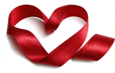 Red, shiny ribbon formed into a heart shape lying on a bright white surface, creating soft shadows