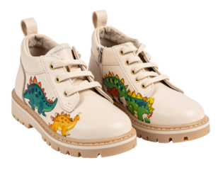 Children’s Dino Shoes with Cartoon Illustrations, Side Profile View, isolated