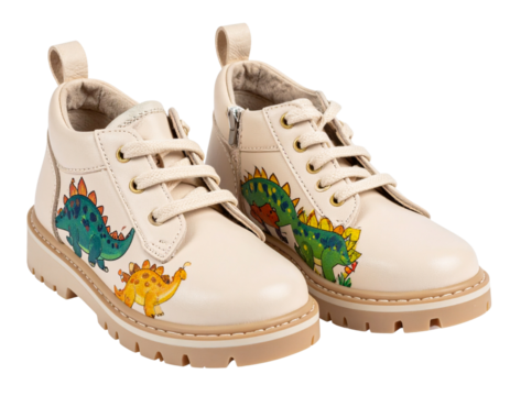 Children’s Dino Shoes with Cartoon Illustrations, Side Profile View, isolated