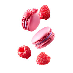 Elegant Pink Macarons and Raspberries Floating on a Dramatic Black Background