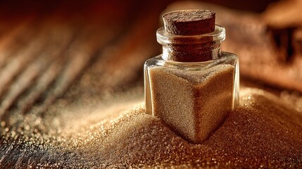 Square glass bottle with cork, nestled in glistening golden granules. Warm, textural and evocative of desert landscapes