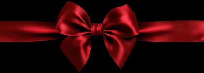 A rich, red, satin ribbon tied into a bow, centered against a stark black backdrop