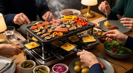 Raclette Dinner Party with Friends Grilling Cheese and Food