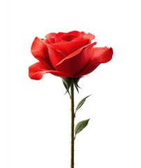 A single, vibrant red rose with a long stem and green leaves, isolated against a bright white background