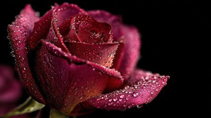 Close-up of a crimson rose blossom, glistening with tiny dewdrops, against a stark black background