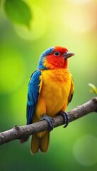 Obraz premium A brightly colored bird cheerfully chirps on a sunny branch, radiating pure joy Perfect for social media posts promoting happiness and positivity Ideal for spring and summer themes , blue, plant