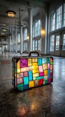 Suitcase, brightly-colored squares, stands alone in a grand hall. Arched windows and pillars in soft focus backdrop