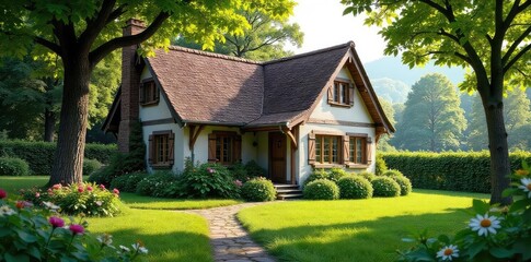 A charming cottage nestled amongst lush greenery, embodying the idyllic dream of peaceful country living Perfect for real estate, home, and lifestyle imagery , roof, architecture, sky
