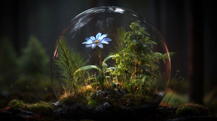 Delicate blue flower and greenery encased within a clear glass orb, resting on a mossy forest floor