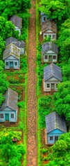 Aerial view of a narrow path leading to aligned little houses in lush greenery, soft blurred details