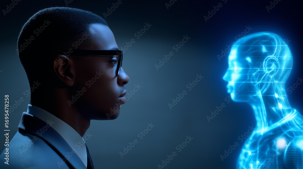 Poster man facing a digital hologram figure, symbolizing human and ai interaction and future communication.