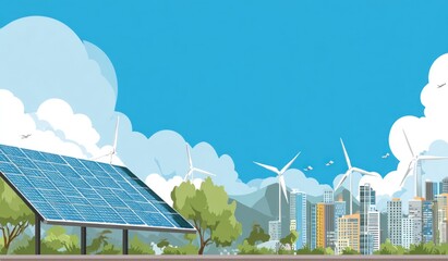 Solar panel & windmills power city background, sunny blue sky with fluffy clouds. Bright & vibrant, vector style image