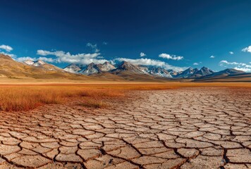 Cracked earth stretches to meet distant, snow-capped mountains beneath a brilliant blue sky dotted with fluffy clouds