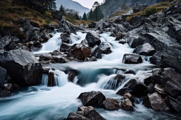 Cascading river over dark grey boulders water cascade