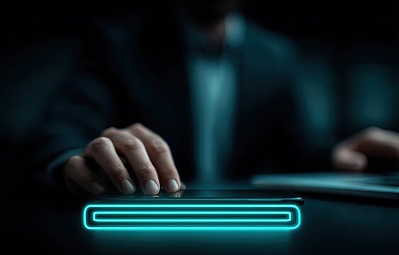 Businessperson using a tablet with a glowing neon file icon