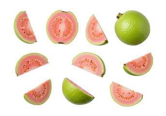 Collection of guava fruit halves and slices isolated PNG with Transparent Background