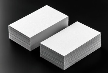 Two stacks of pristine, blank, white cards lay offset against a dark surface, casting subtle shadows