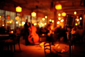 Vintage microphone captures a music performance bathed in soft, warm lights, with musicians performing in a dimly lit, bustling jazz club