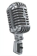 Polished chrome vintage microphone with a switch, casting a subtle shadow on a white background