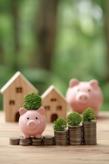 Pink piggy banks and tiny houses sit near stacks of coins with small leafy sprouts against a green forest background