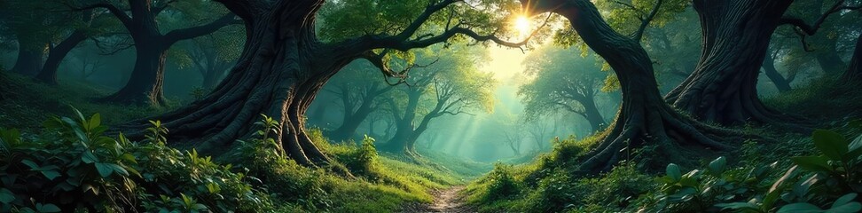 Fototapeta premium A dense, ancient forest with gnarled, thorny branches reaching towards a stormy sky Sunlight barely penetrates the thick canopy, casting long shadows on the overgrown path , forest, ancient