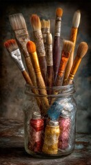 Artist tools varied paintbrushes & filled paint tubes in a glass jar against a textured, neutral-toned backdrop