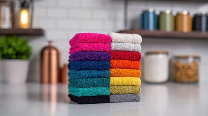 Stacked colorful washcloths on a countertop against a white tile backsplash and blurred kitchen background
