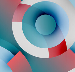 Obraz premium Abstract circles overlap, creating vibrant color blends. Red, white, teal hues dominate composition. Modern design, smooth gradients present.