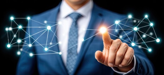 A person in a suit touches a network graphic
