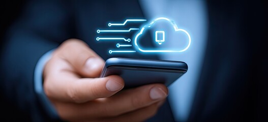 A hand holds a smartphone, a glowing cloud icon with circuit lines superimposed over it