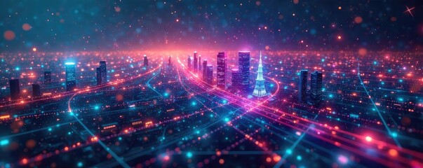 Fototapeta premium A futuristic cityscape backdrop with holographic data streams and complex algorithms swirling, representing the abstract concept of knowledge in motion and communication , background, future
