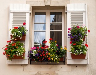 European window with colorful flower boxes